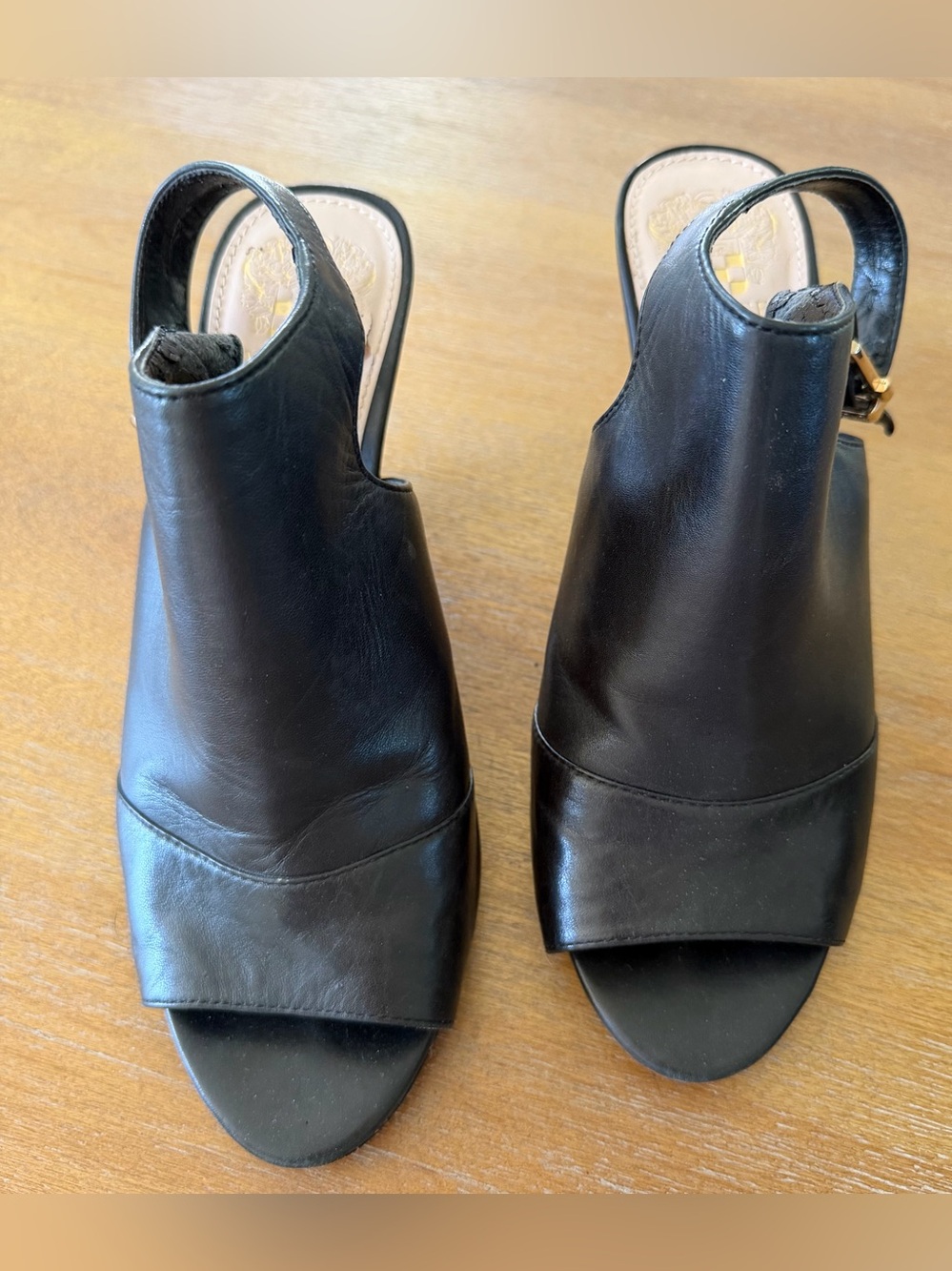 Vince Camuto Women’s Black Leather Open-Toe Slingback Heels